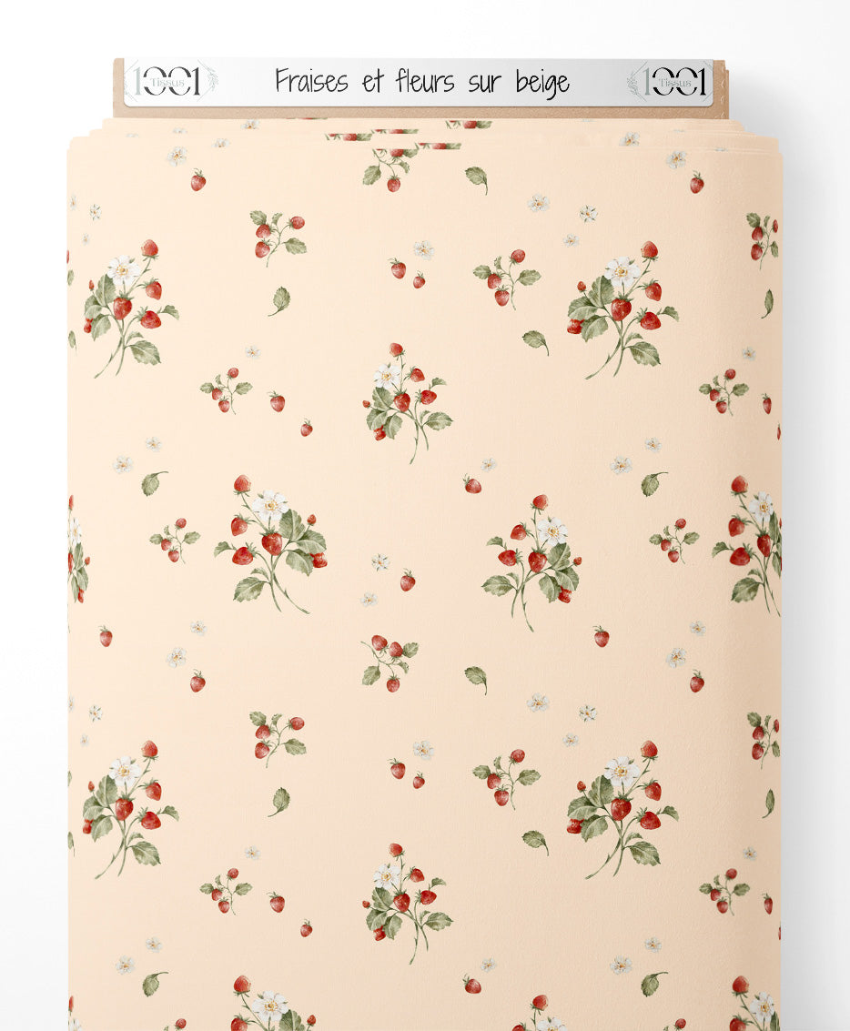 Tissu - Fraises et fleurs sur beige
