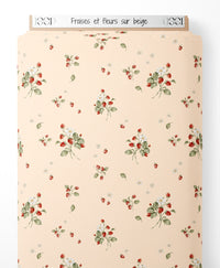 Tissu - Fraises et fleurs sur beige