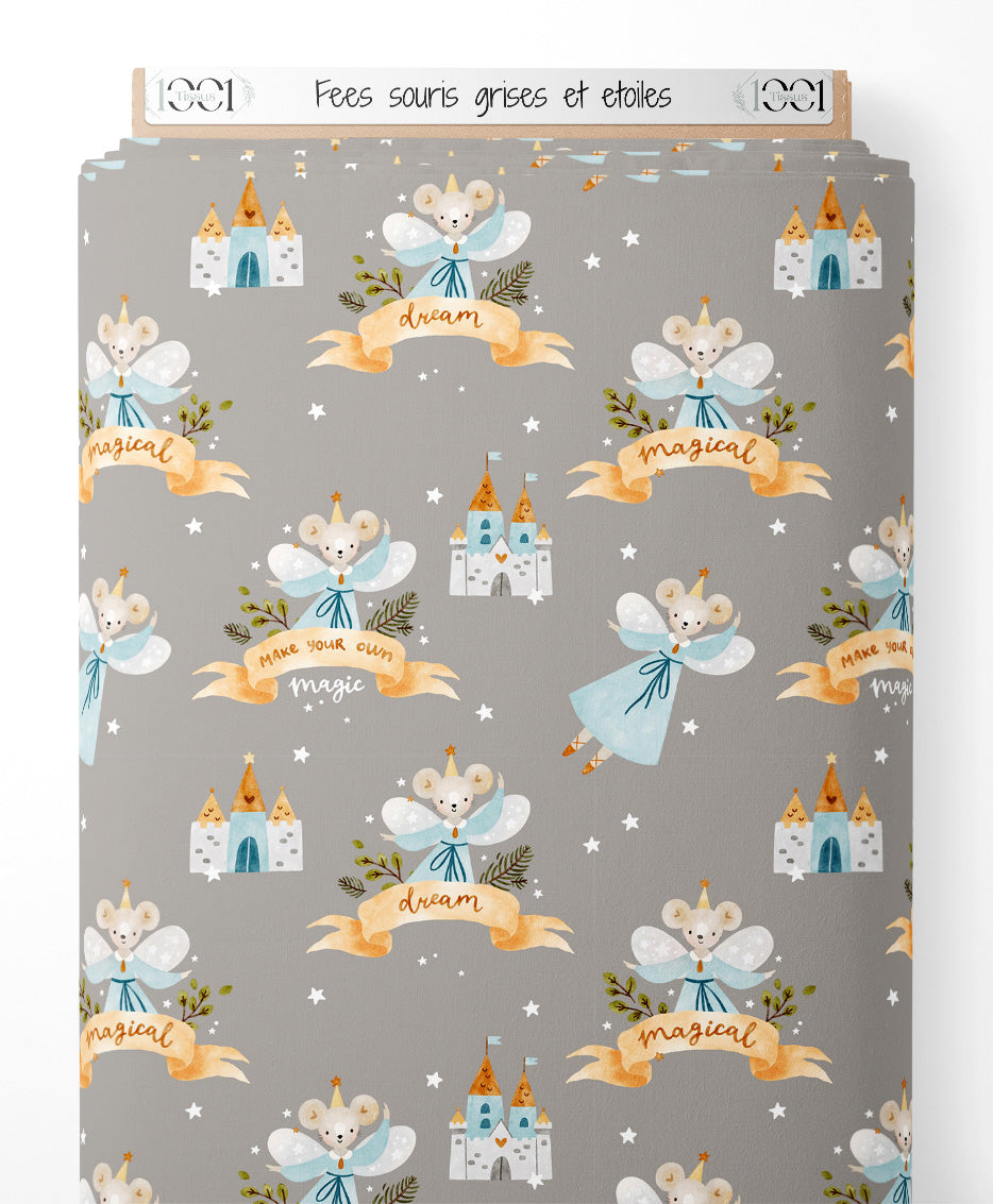 Tissu - Fées souris grises et étoiles