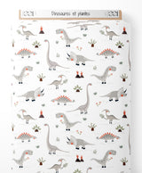 Tissu - Dinosaures et plantes sur fond