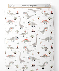 Tissu - Dinosaures et plantes sur fond