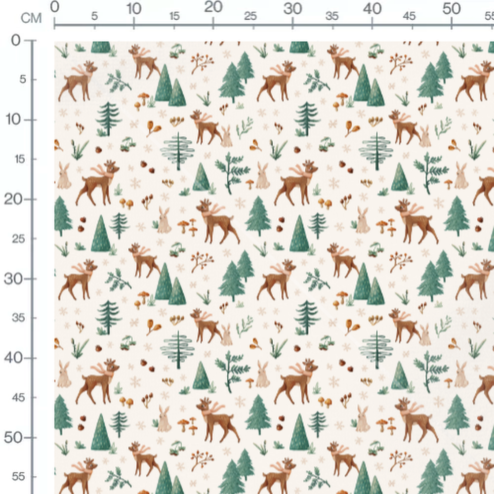 Tissu - Cerfs et lapins en forêt crème