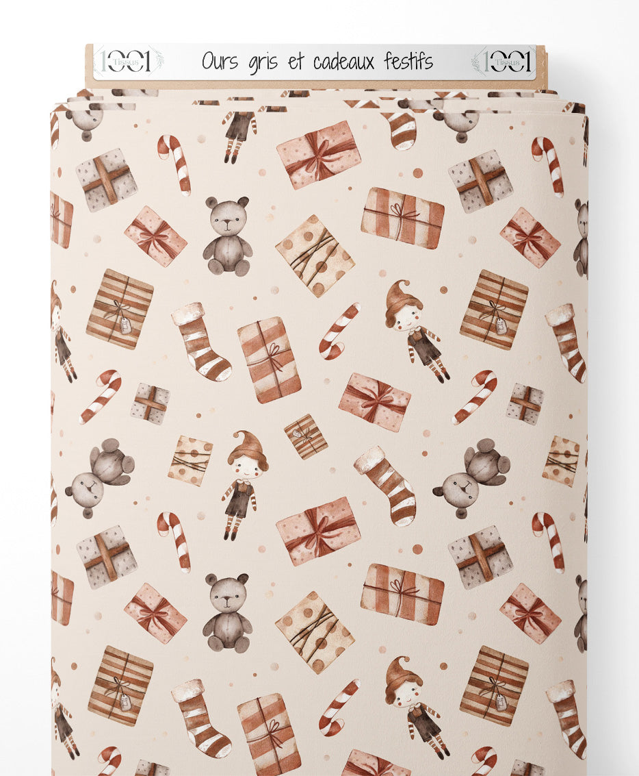 Tissu - Ours gris et cadeaux festifs