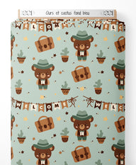 Tissu - Ours et cactus sur fond bleu