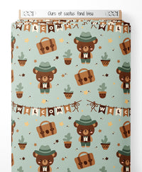 Tissu - Ours et cactus sur fond bleu