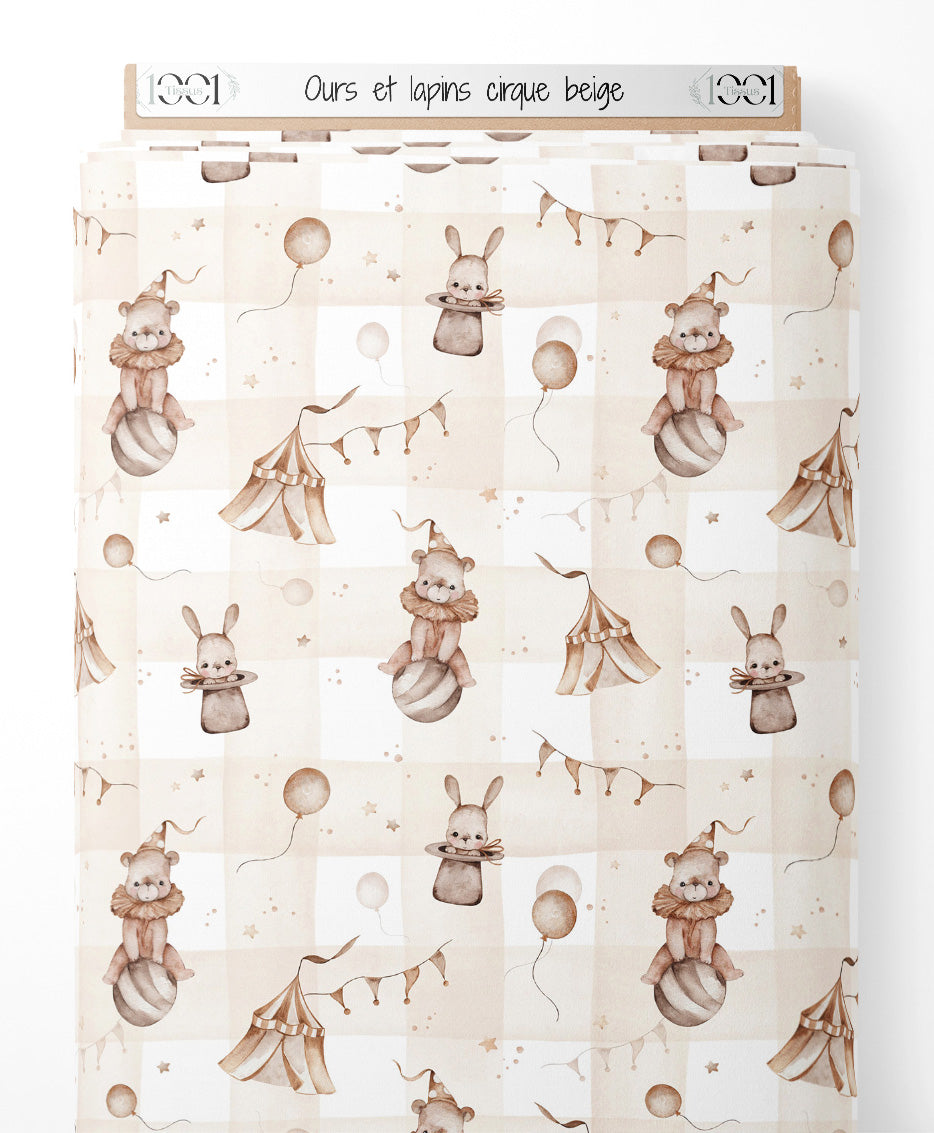 Tissu - Ours et lapins cirque beige