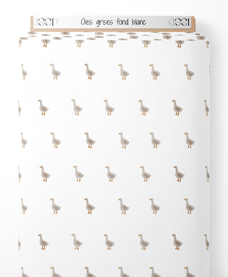 Tissu - Oies grises sur fond blanc