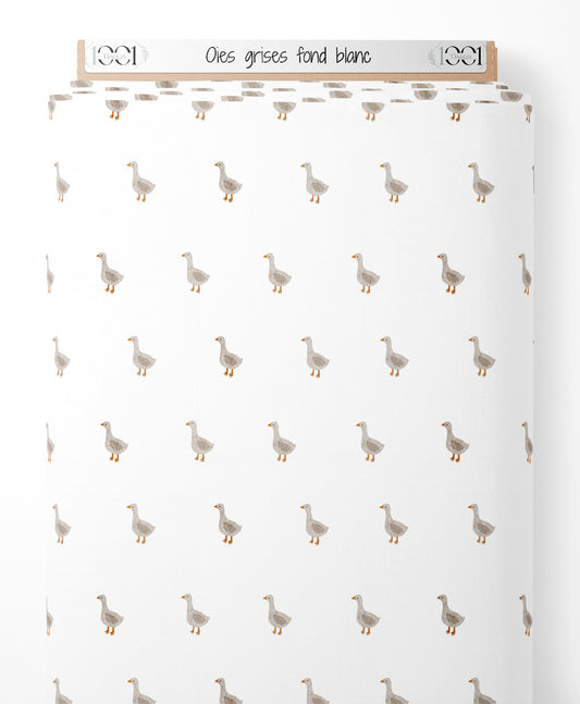 Tissu - Oies grises sur fond blanc