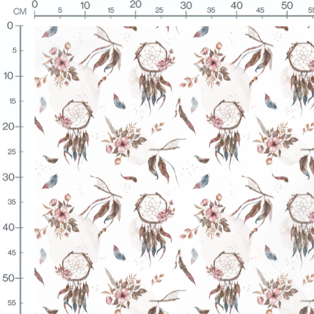 Tissu - Plumes et fleurs sur blanc