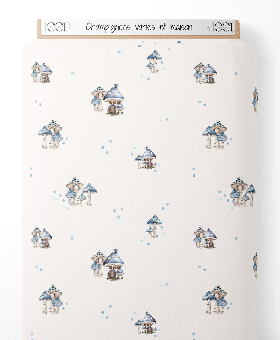 Tissu - Champignons variés et maison
