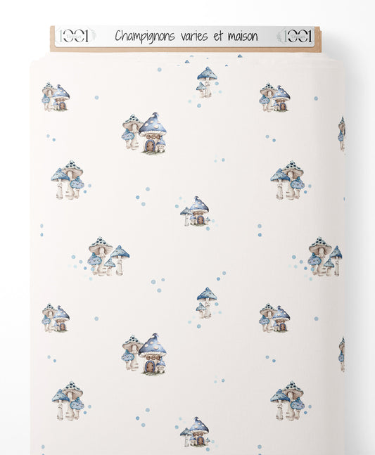 Tissu - Champignons variés et maison