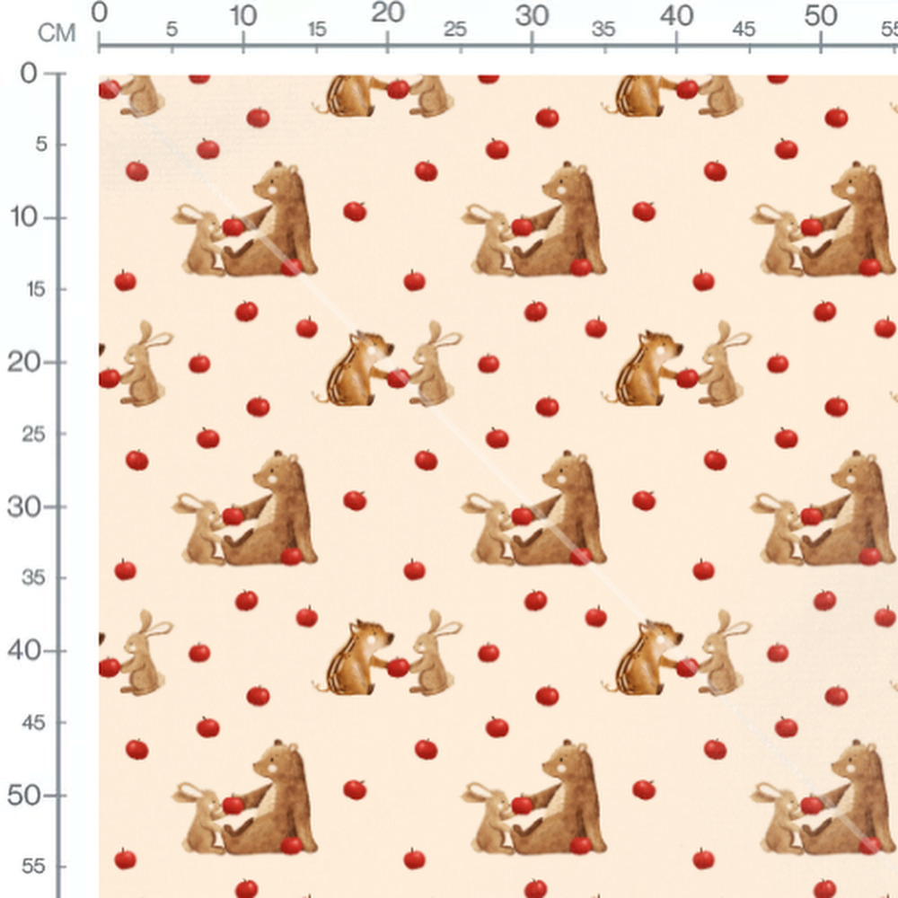 Tissu - Ours et lapin avec pommes
