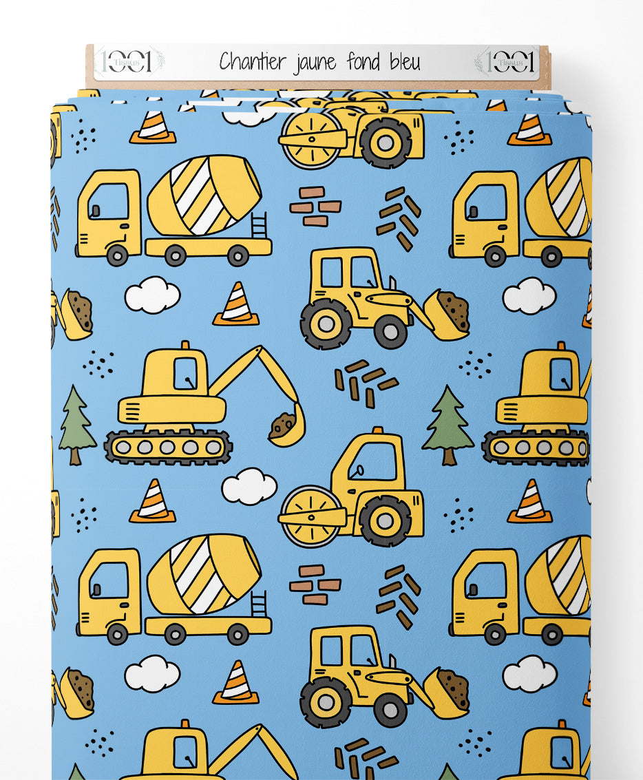 Tissu - Chantier jaune sur fond bleu