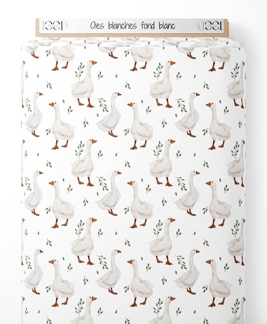 Tissu - Oies blanches sur fond blanc