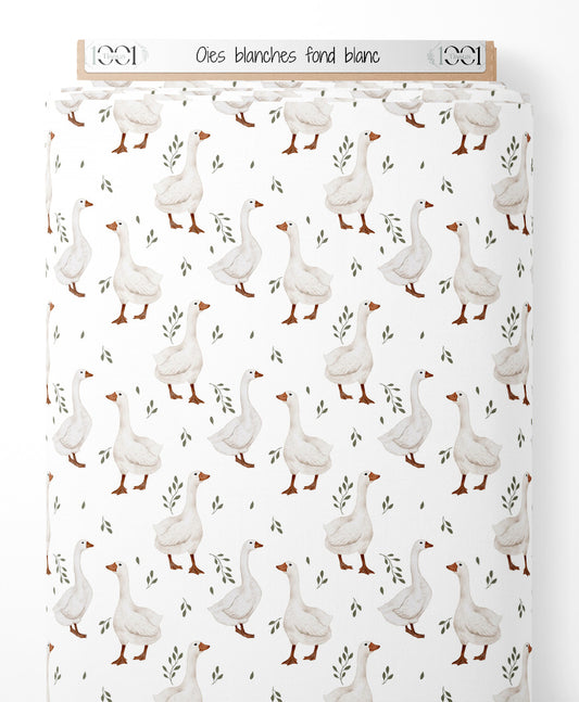 Tissu - Oies blanches sur fond blanc
