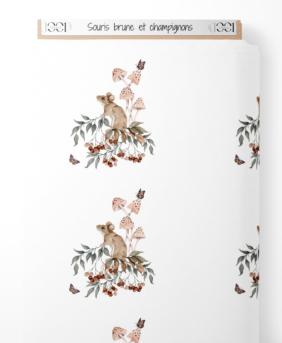 Tissu - Souris brune et champignons