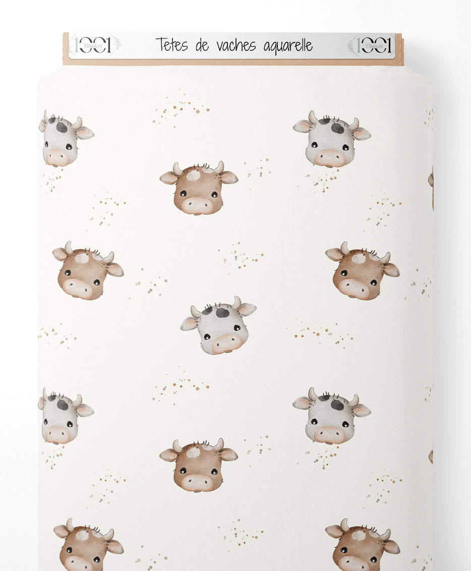 Tissu - Têtes de vaches aquarelle