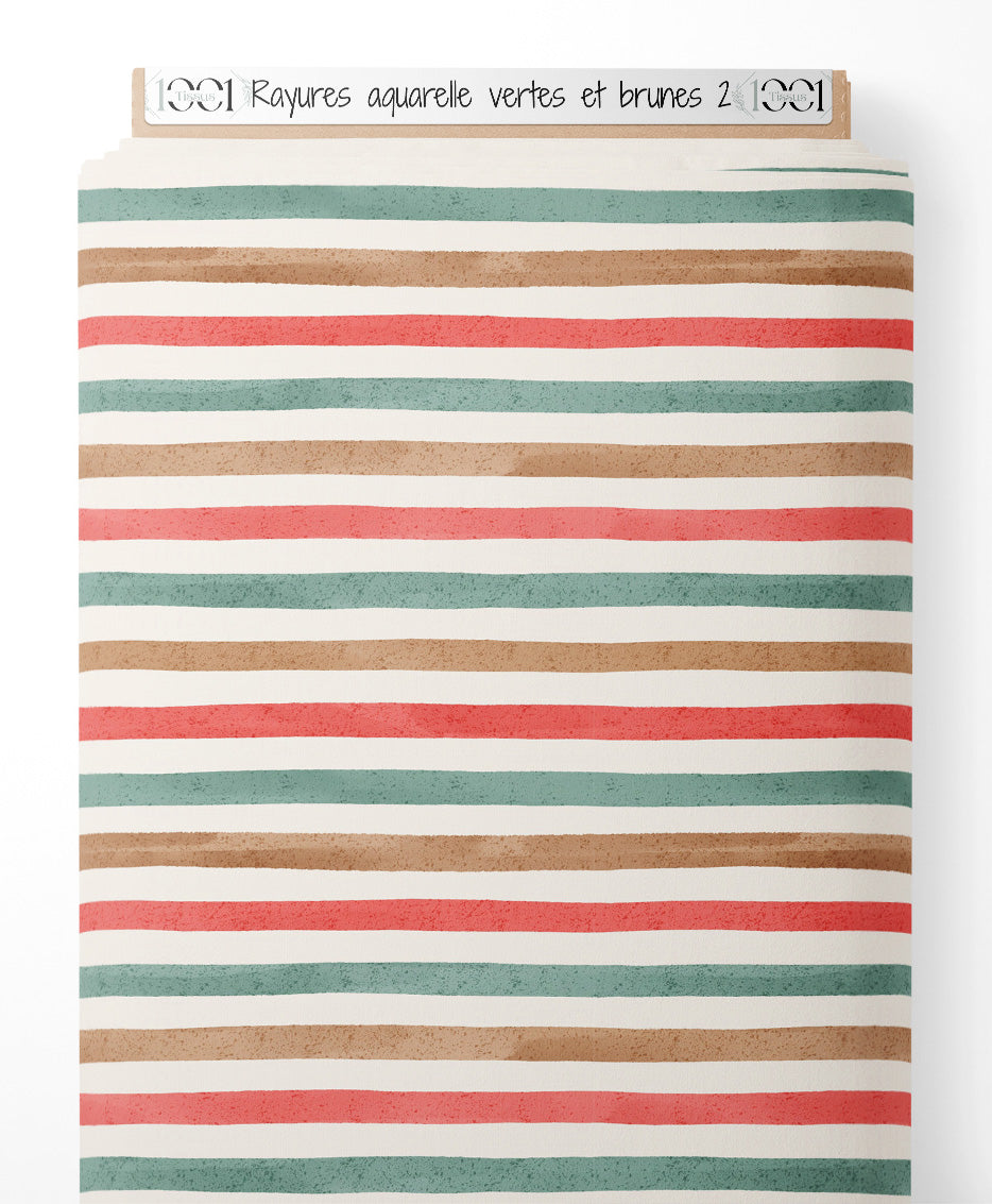 Tissu - Rayures aquarelle vertes et brunes 2