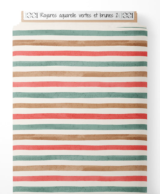 Tissu - Rayures aquarelle vertes et brunes 2