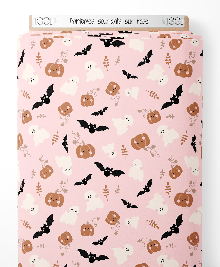 Tissu - Fantômes souriants sur rose
