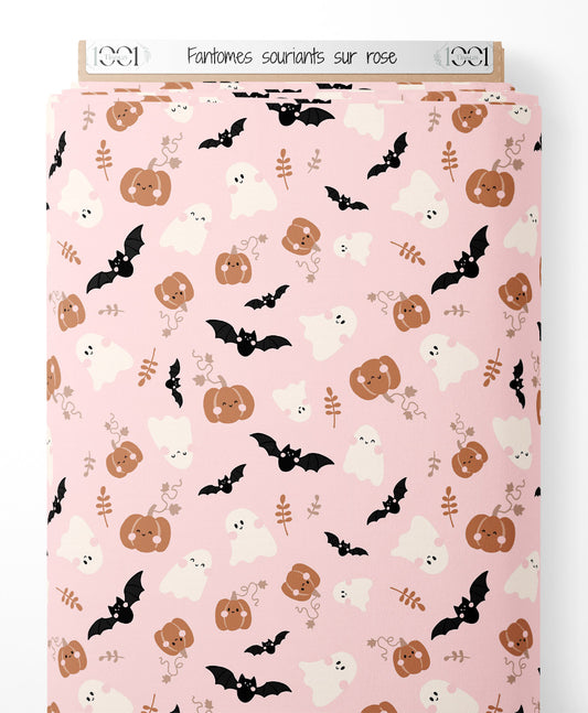 Tissu - Fantômes souriants sur rose