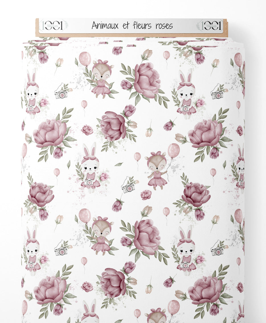 Tissu - Animaux et fleurs roses