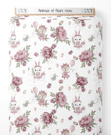 Tissu - Animaux et fleurs roses
