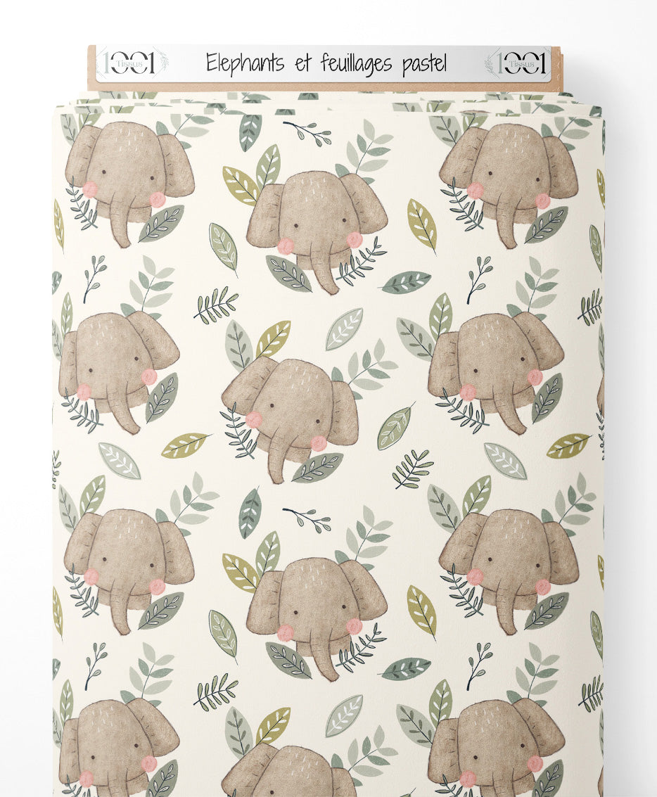 Tissu - Éléphants et feuillages pastel