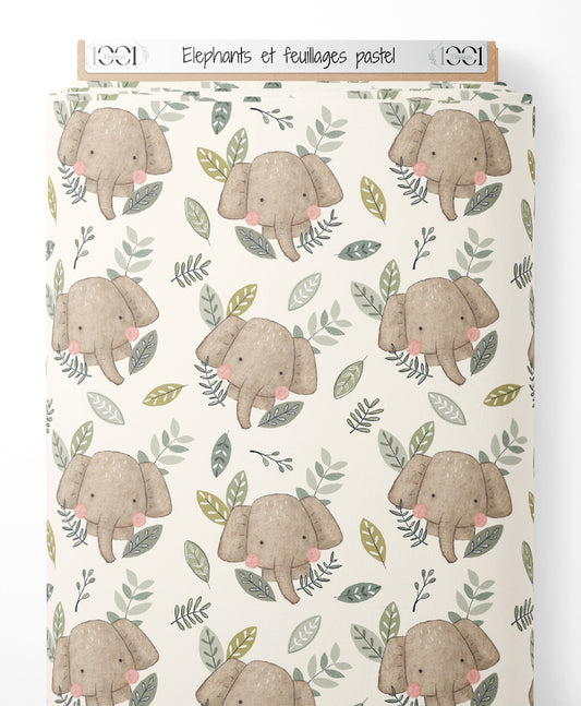 Tissu - Éléphants et feuillages pastel