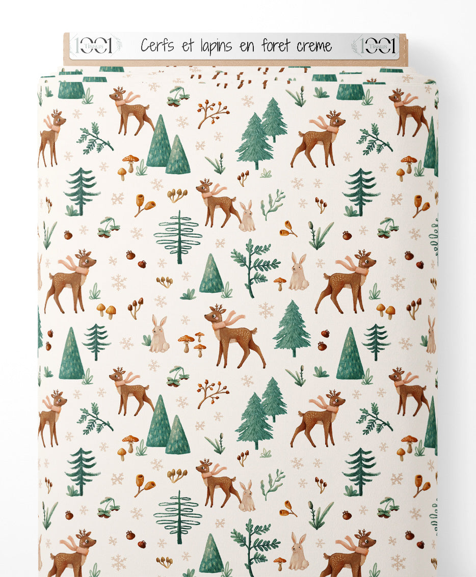 Tissu - Cerfs et lapins en forêt crème
