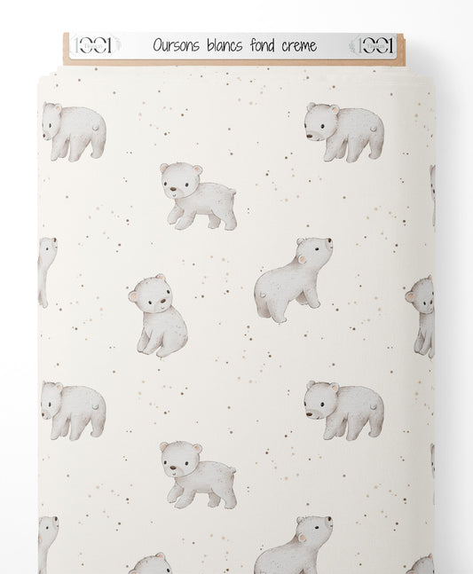 Tissu - Oursons blancs sur fond crème