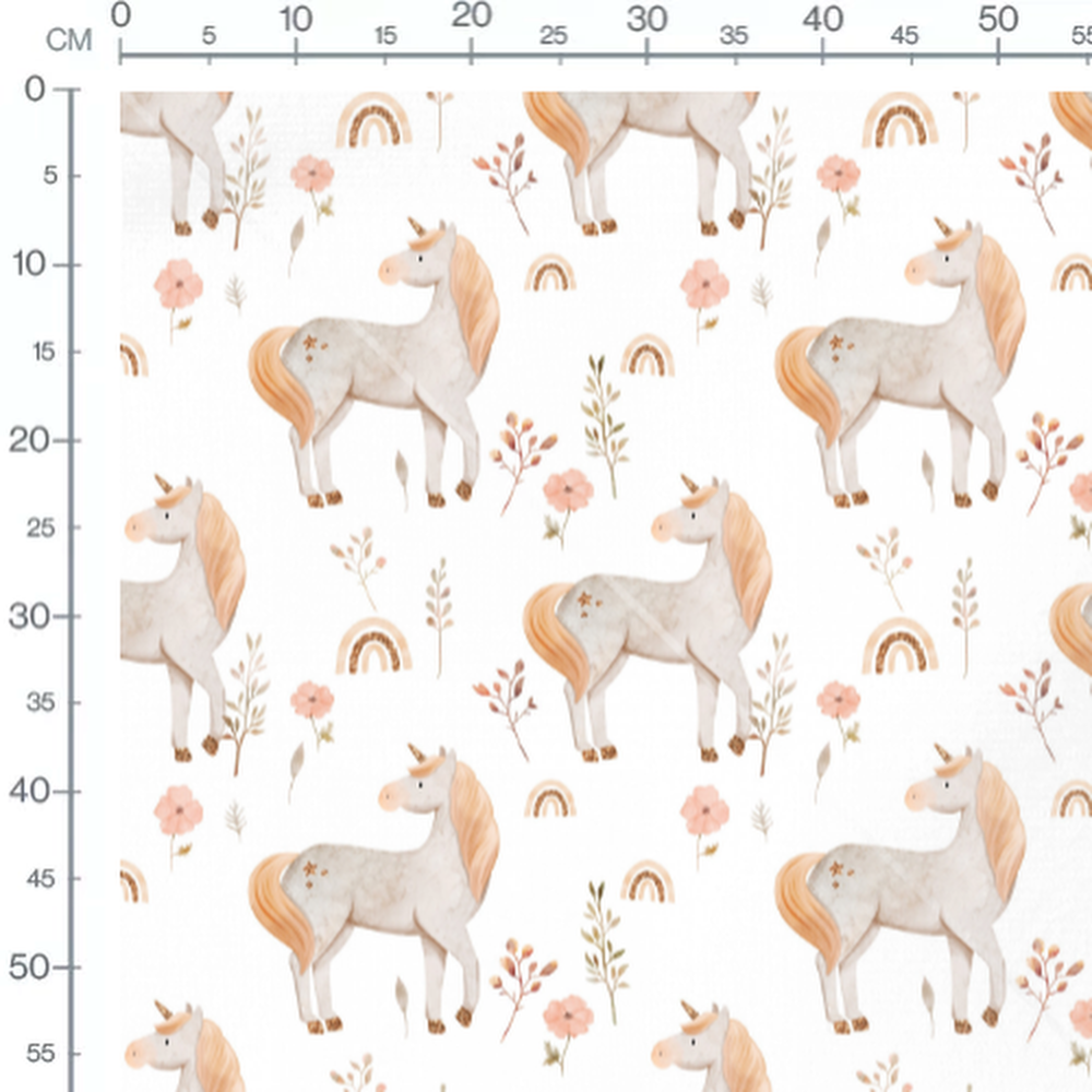 Tissu - Licornes dorées et fleurs roses