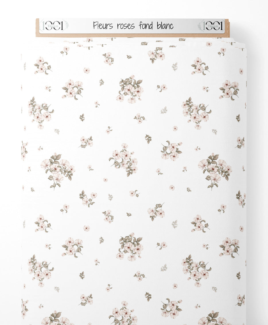 Tissu - Fleurs roses sur fond blanc
