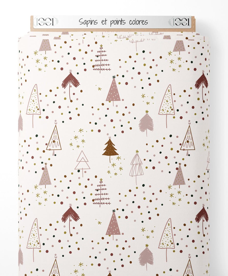 Tissu - Sapins et points colorés