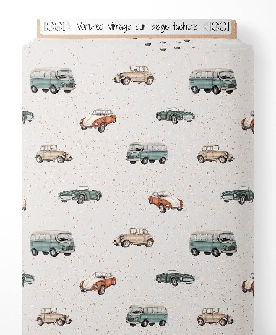 Tissu - Voitures vintage sur beige tacheté