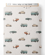 Tissu - Voitures vintage sur beige tacheté