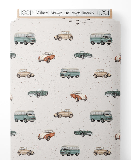 Tissu - Voitures vintage sur beige tacheté