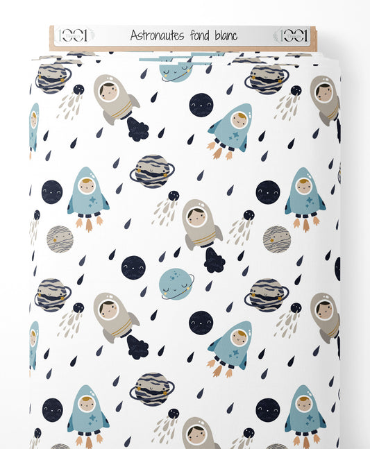 Tissu - Astronautes sur fond blanc