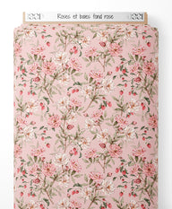 Tissu - Roses et baies sur fond rose