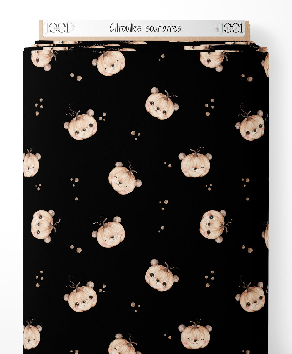 Tissu - Citrouilles souriantes sur fond