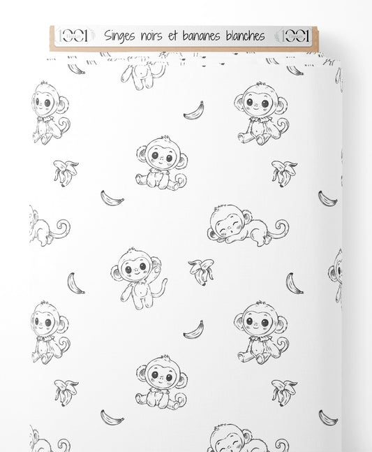 Tissu - Singes noirs et bananes blanches