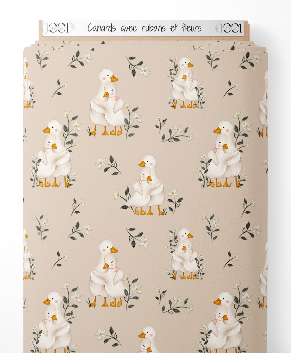 Tissu - Canards avec rubans et fleurs