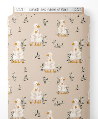 Tissu - Canards avec rubans et fleurs