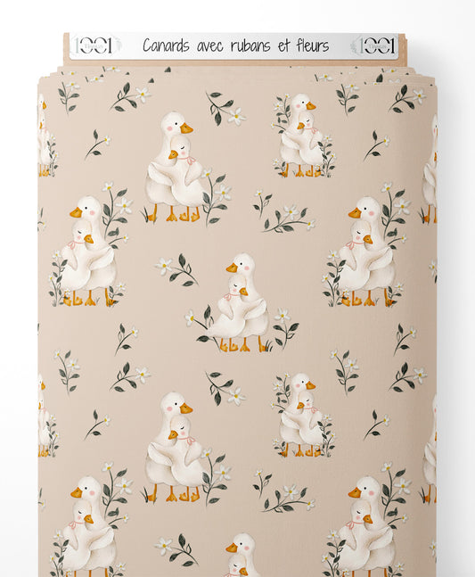 Tissu - Canards avec rubans et fleurs