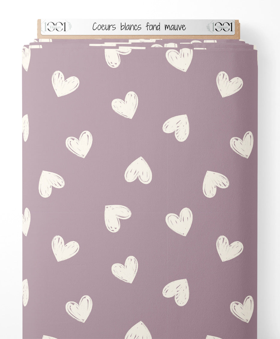 Tissu - Cœurs blancs sur fond mauve