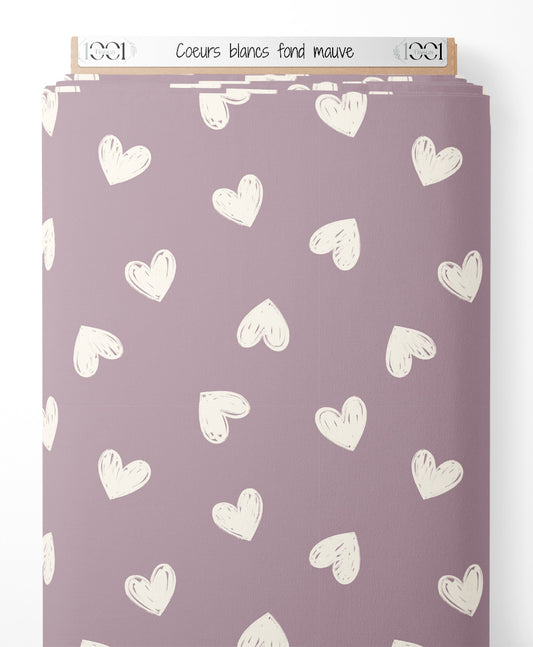Tissu - Cœurs blancs sur fond mauve