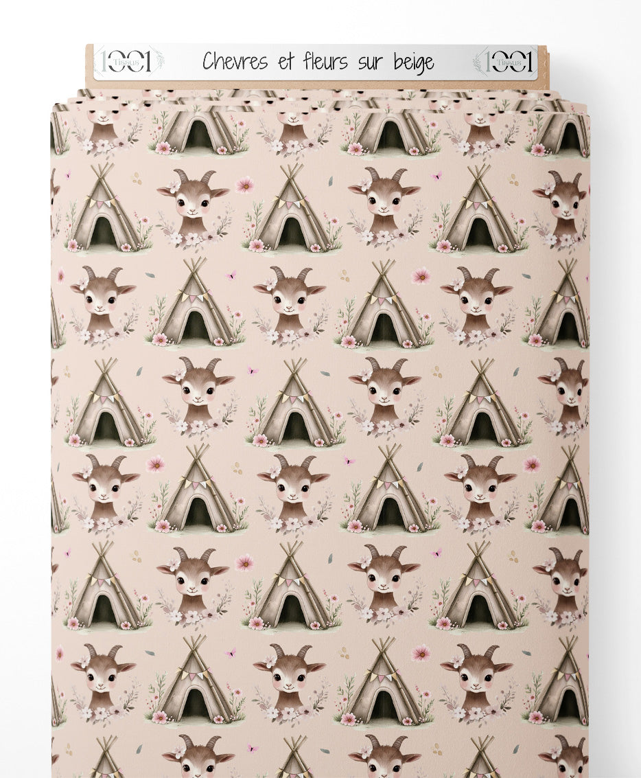 Tissu - Chèvres et fleurs sur beige