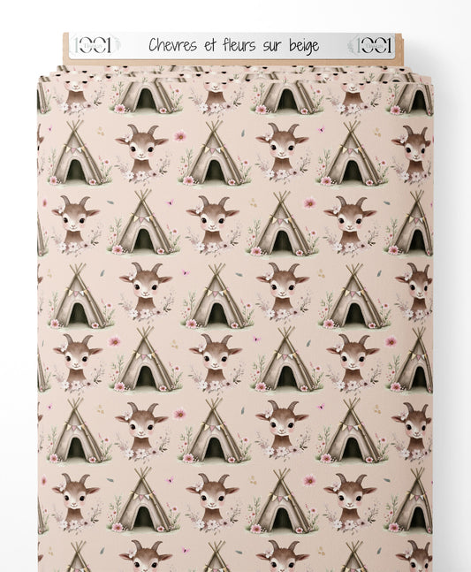 Tissu - Chèvres et fleurs sur beige