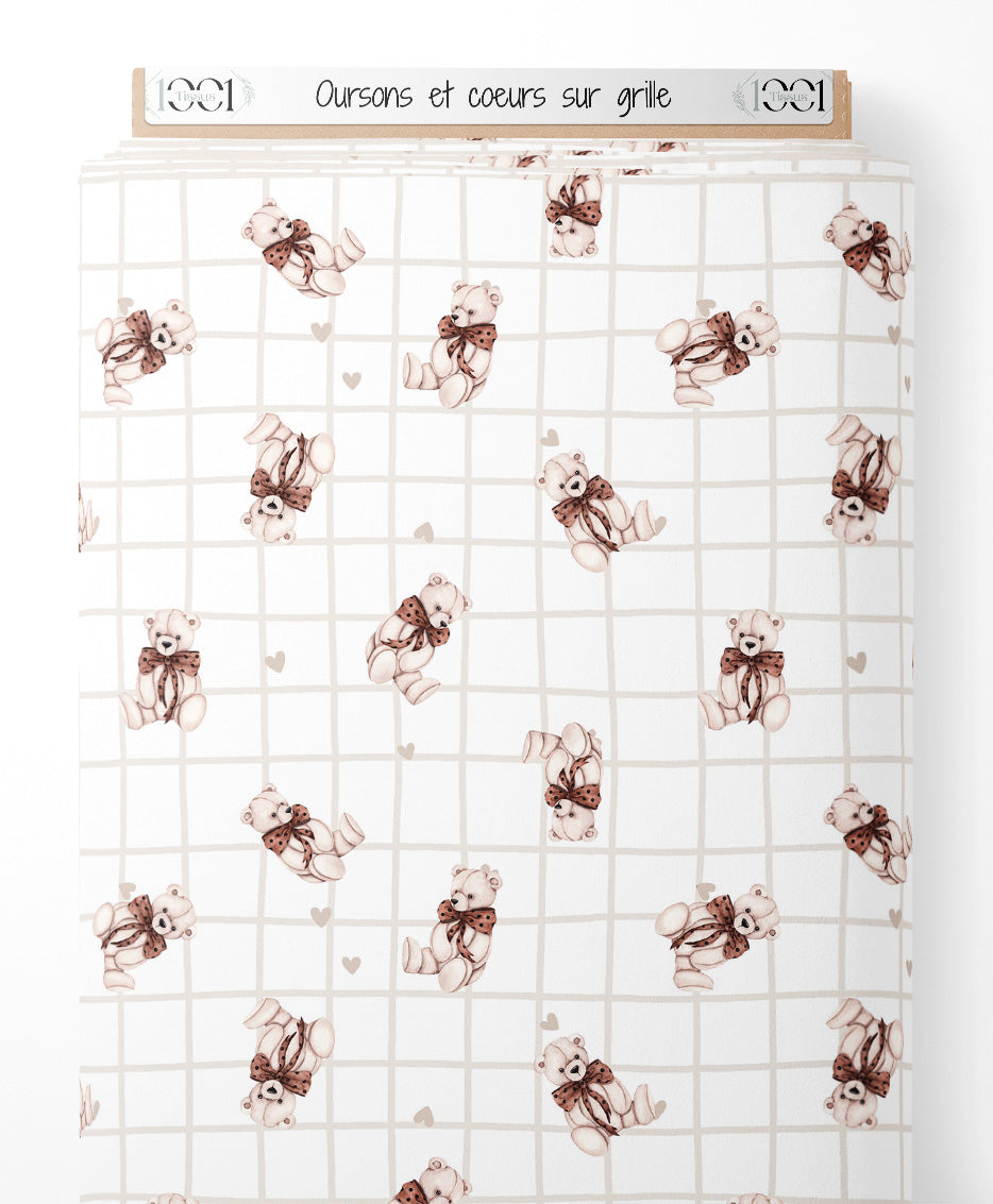 Tissu - Oursons et cœurs sur grille