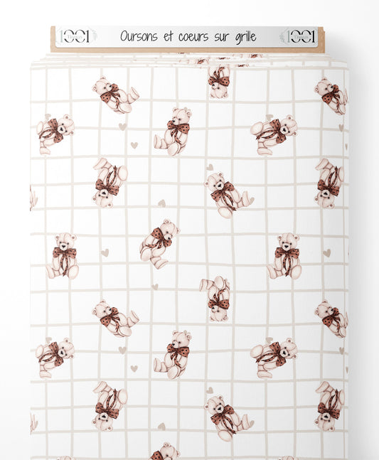 Tissu - Oursons et cœurs sur grille